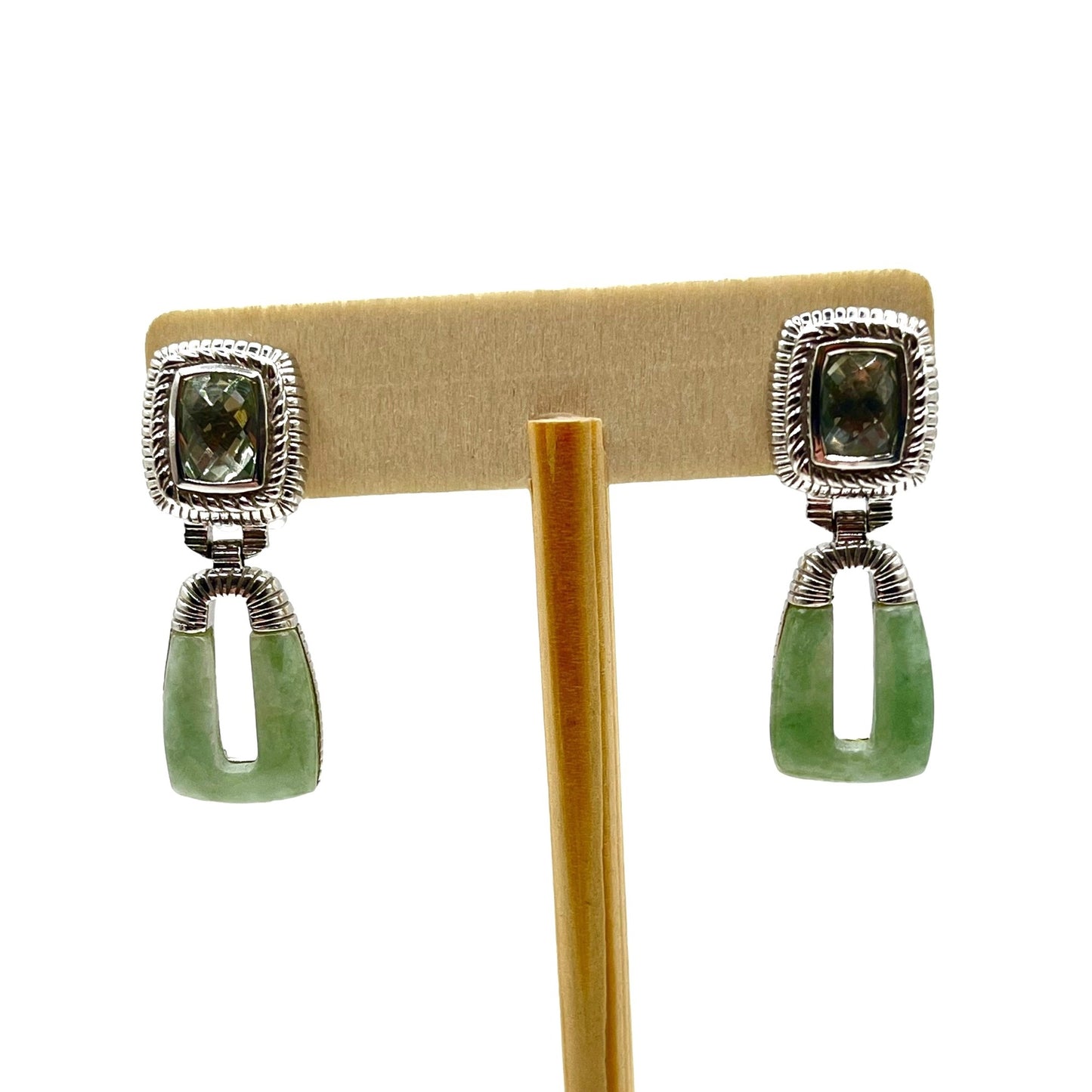 Judith Ripka 925 Sterling Silver Prasiolite and Jade Drop Dangle Earrings Formal