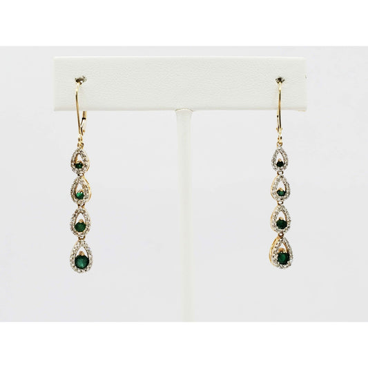 Natural Emerald & Diamond Chandelier Style Dangle Earrings 14k Gold