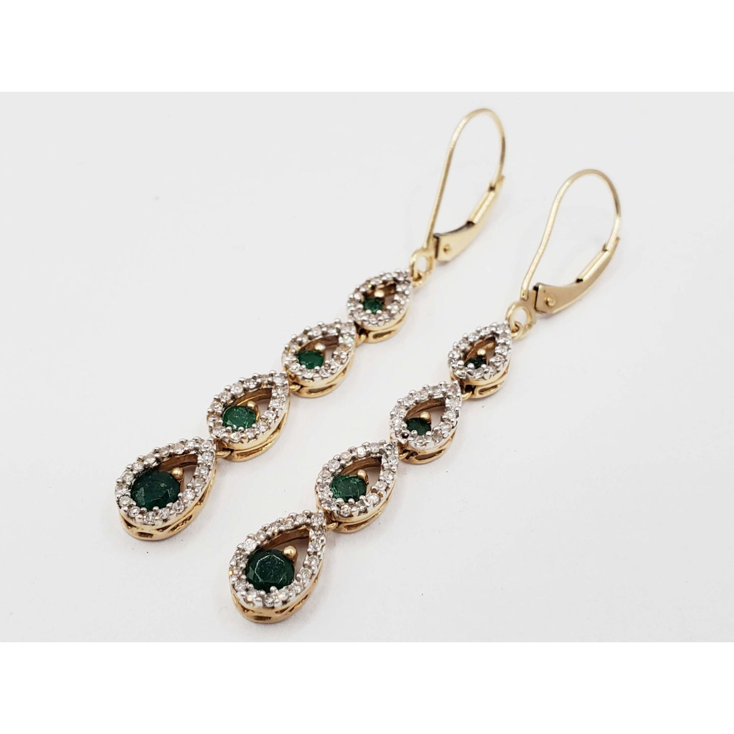Natural Emerald & Diamond Chandelier Style Dangle Earrings 14k Gold