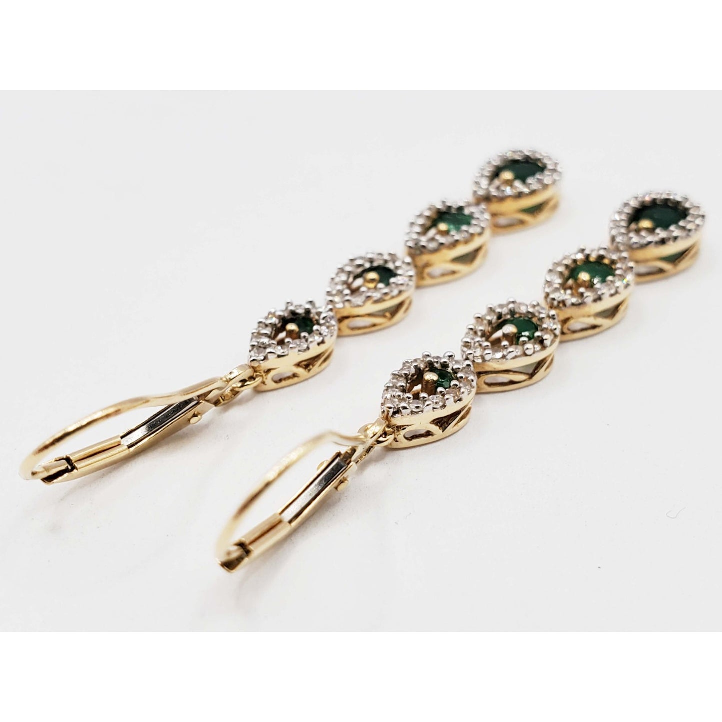Natural Emerald & Diamond Chandelier Style Dangle Earrings 14k Gold