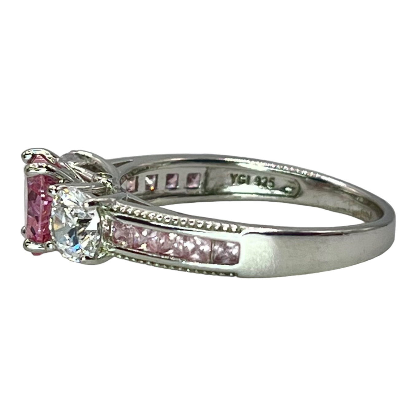 925 Sterling Silver Pink White CZ Rhodium Heart Sz 8.25 Ring Love Valentines