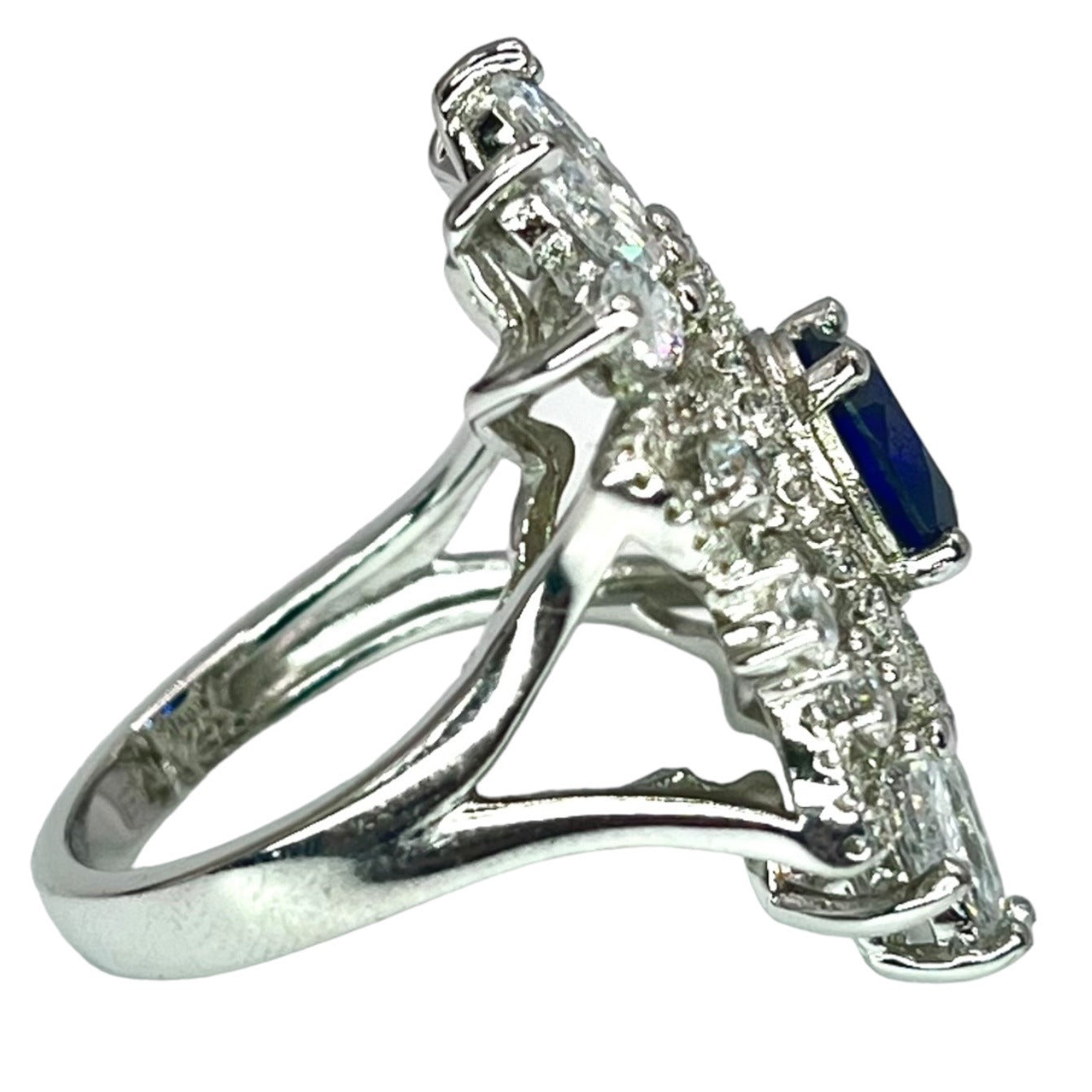 925 Sterling Silver Blue Sapphire CZ Size 7.75 Ring Statement Cocktail Art Deco