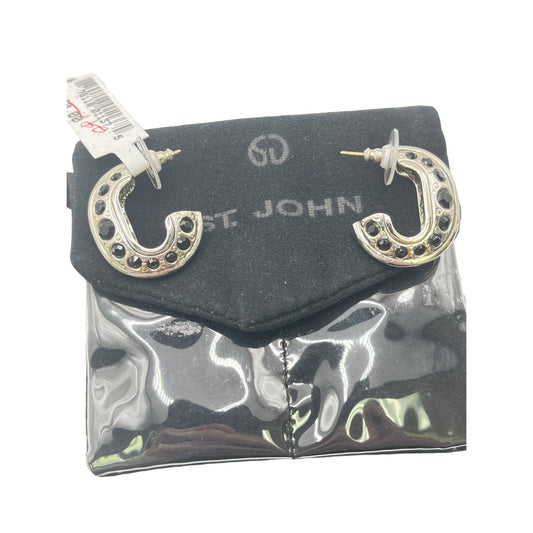 St. John Silver Tone Drop Huggie Hoop Earrings Black Crystal Statement