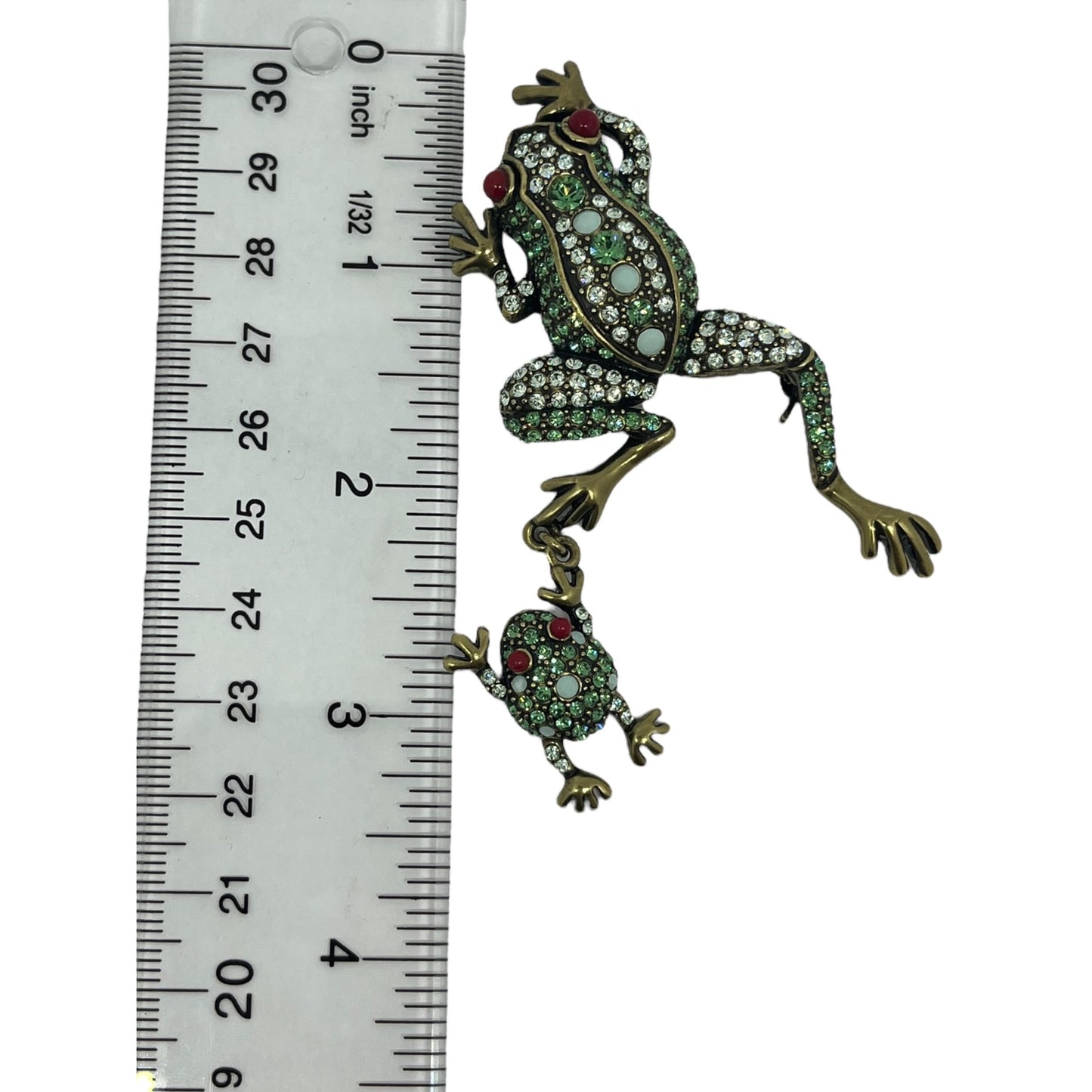 Heidi Daus Hanging By My Toads Crystal Frogs Figural Brooch Pin Bronze Tone