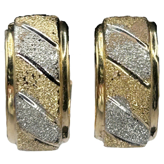 14k Two-Tone Huggie Diamond Cut Textured Hoop Earrings