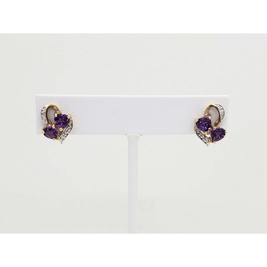 Heart-Themed Amethyst & Diamond Accent Openwork Stud Earrings 10k Gold