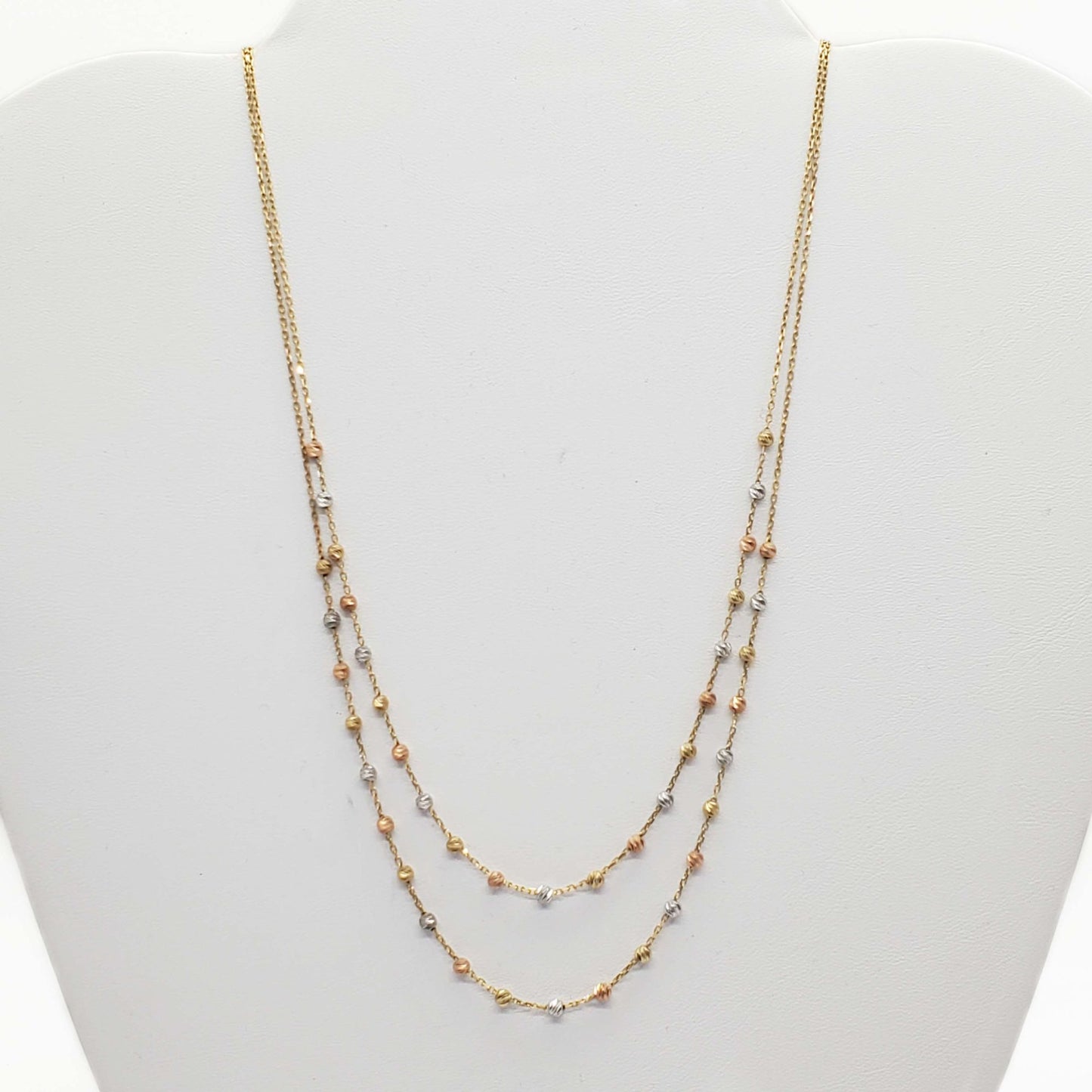 Tri-Color Bead Double Layer Chain Necklace 14k Yellow White Rose Gold