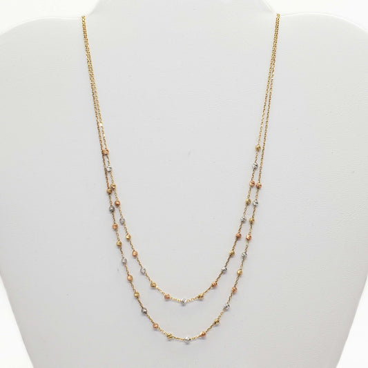 Tri-Color Bead Double Layer Chain Necklace 14k Yellow White Rose Gold