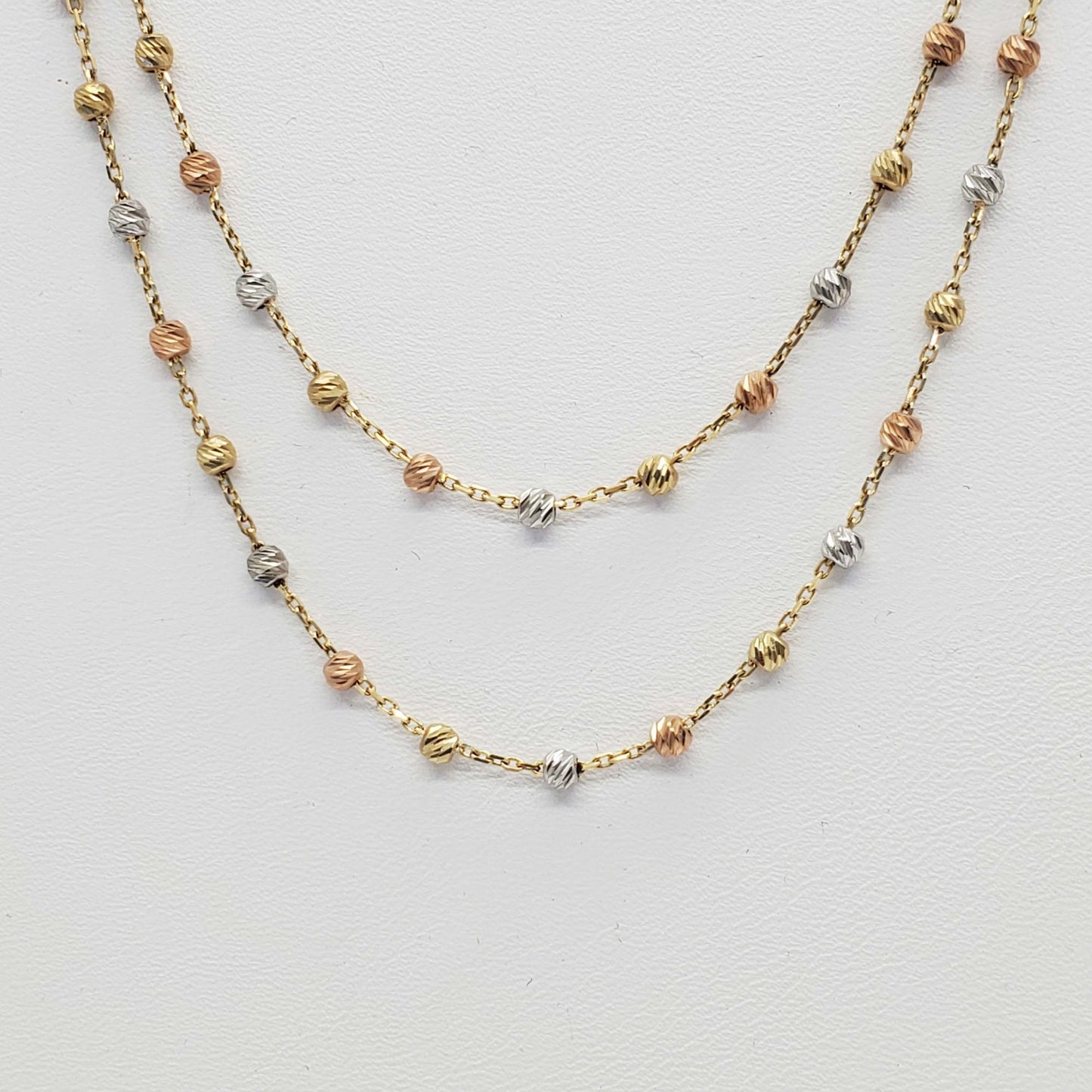 Tri-Color Bead Double Layer Chain Necklace 14k Yellow White Rose Gold