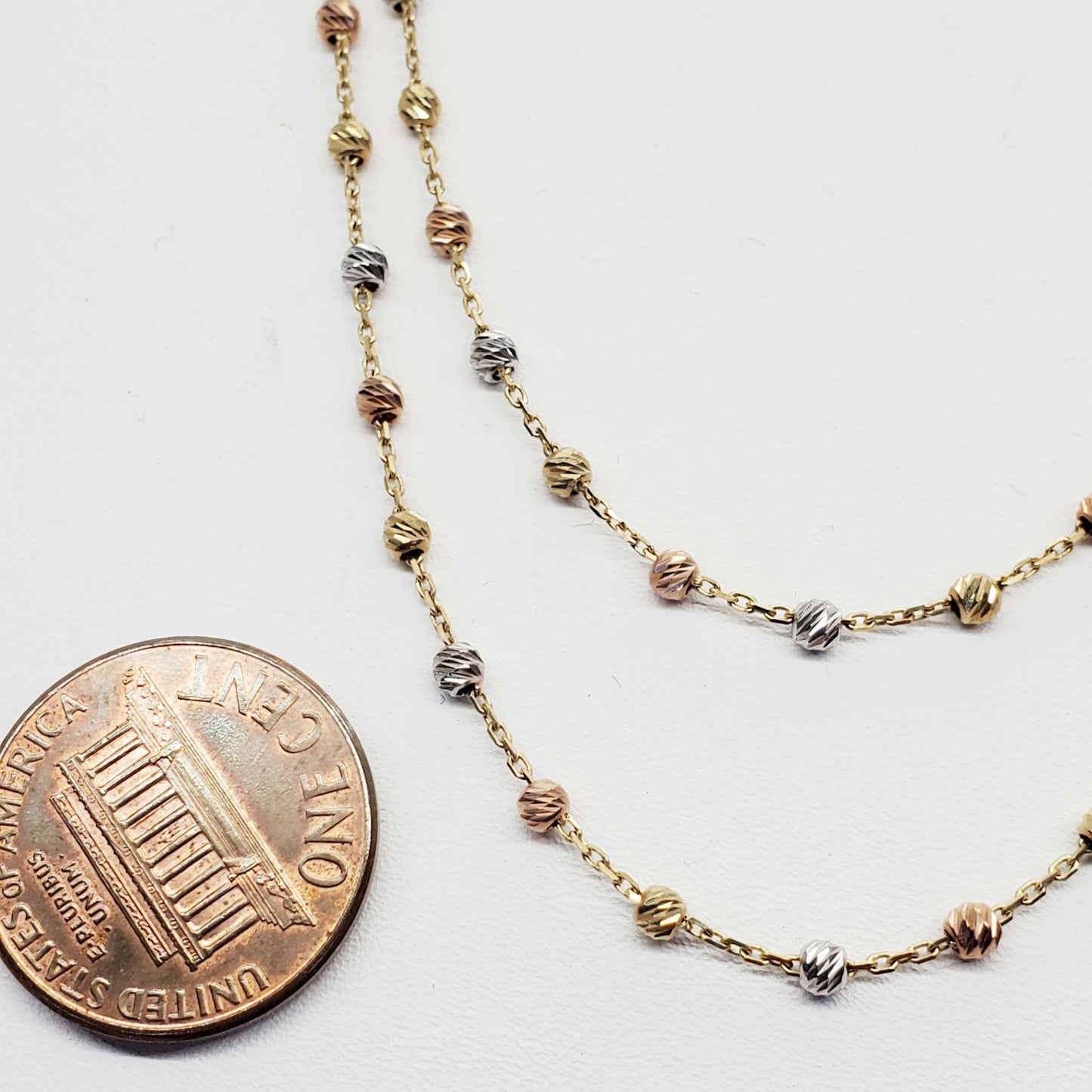 Tri-Color Bead Double Layer Chain Necklace 14k Yellow White Rose Gold
