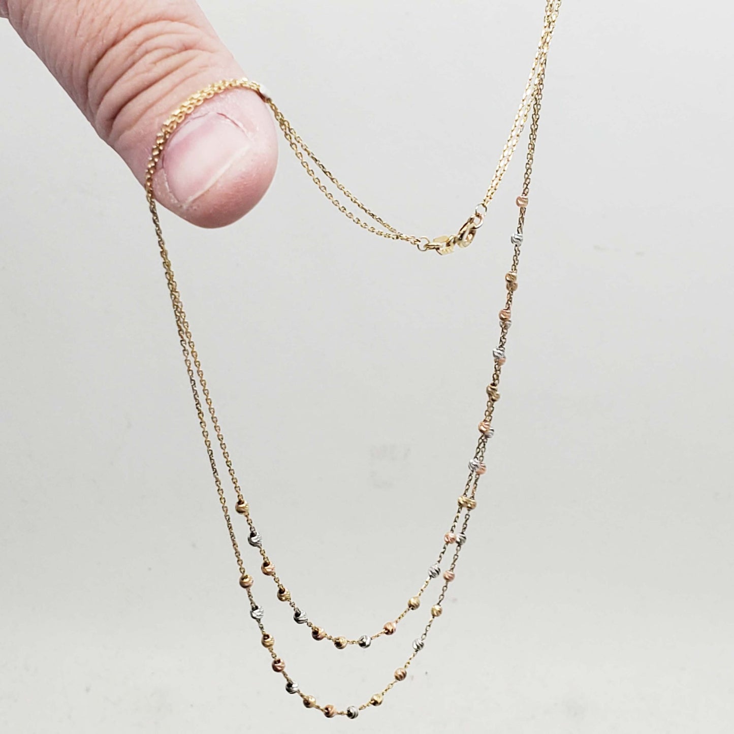 Tri-Color Bead Double Layer Chain Necklace 14k Yellow White Rose Gold