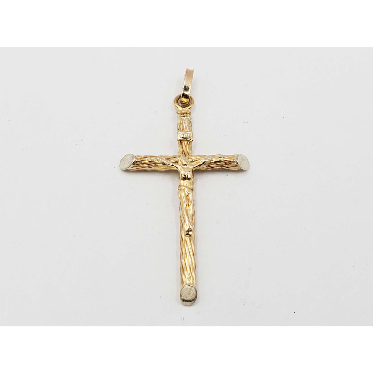 Crucifix Religious Pendant Round Tube Slant Ends Dia-Cut Finish Small 14k Gold
