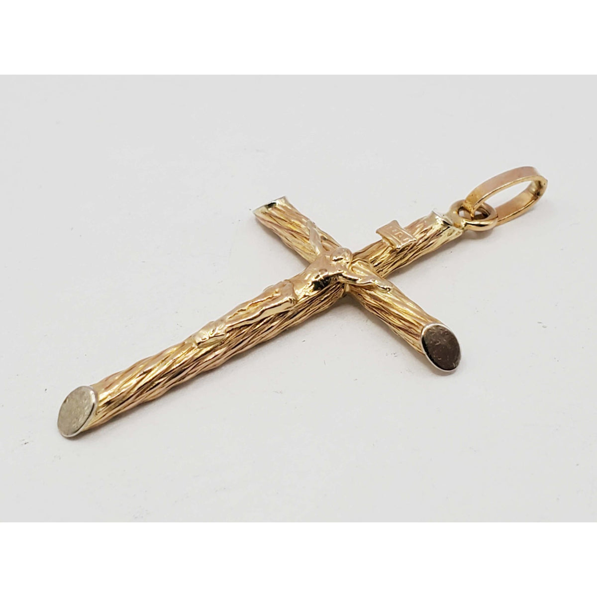 Crucifix Religious Pendant Round Tube Slant Ends Dia-Cut Finish Small 14k Gold