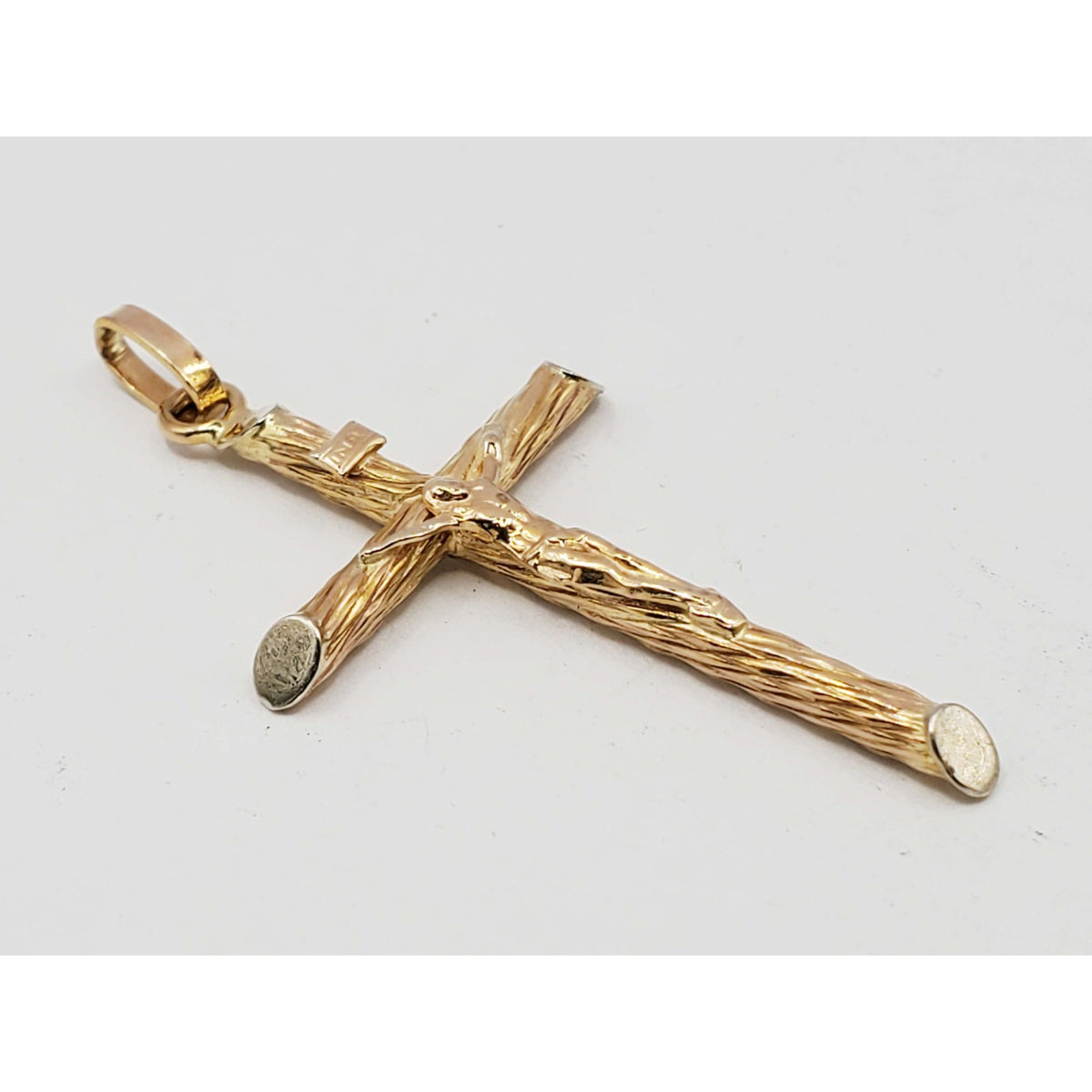 Crucifix Religious Pendant Round Tube Slant Ends Dia-Cut Finish Small 14k Gold