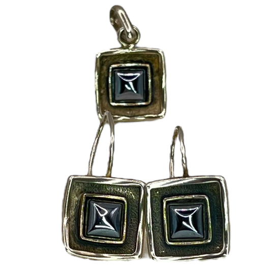 Silver Square Women's Dangle Drop Earrings and Pendant Bezel Set Geometric