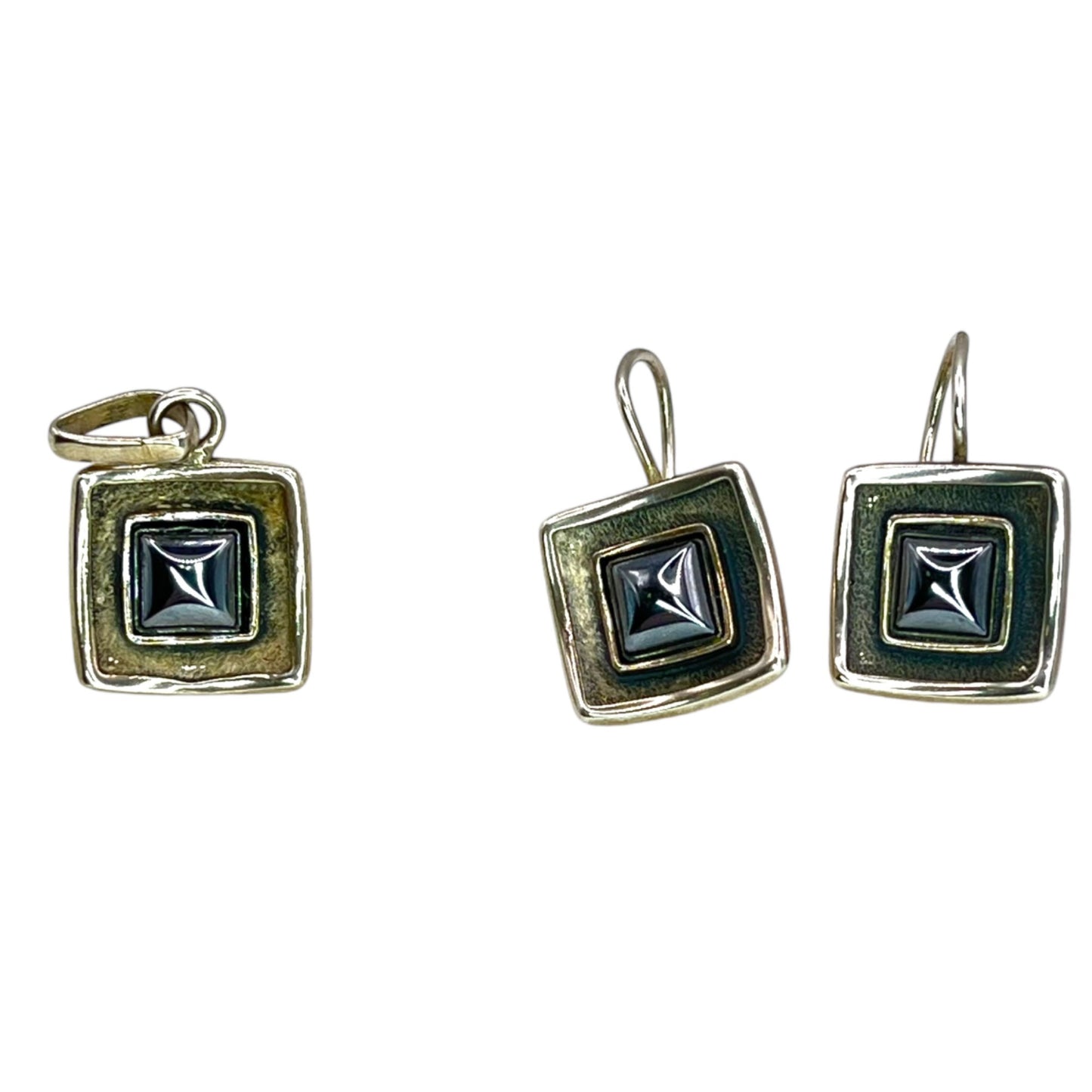 Silver Square Women's Dangle Drop Earrings and Pendant Bezel Set Geometric