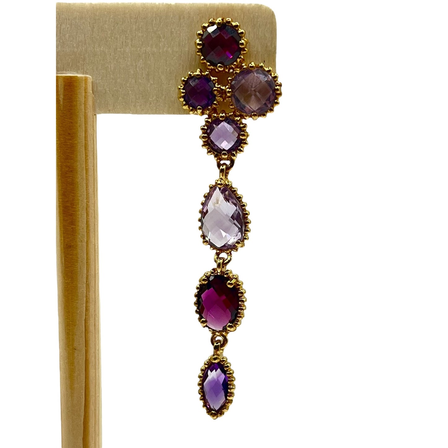 925 Sterling Silver Gold Layered Dangle Drop Earrings Mixed Cut Crystals Purple