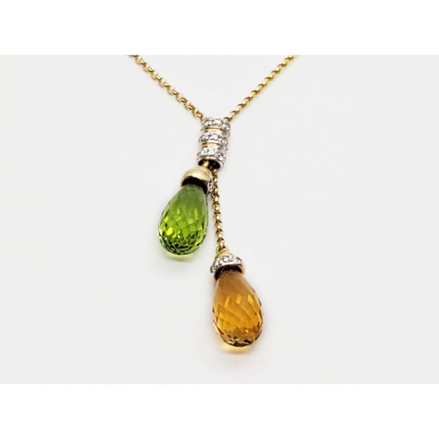 Natural Peridot & Citrine Briolette Dangle Diamond Accent Chain Necklace 14k Gold