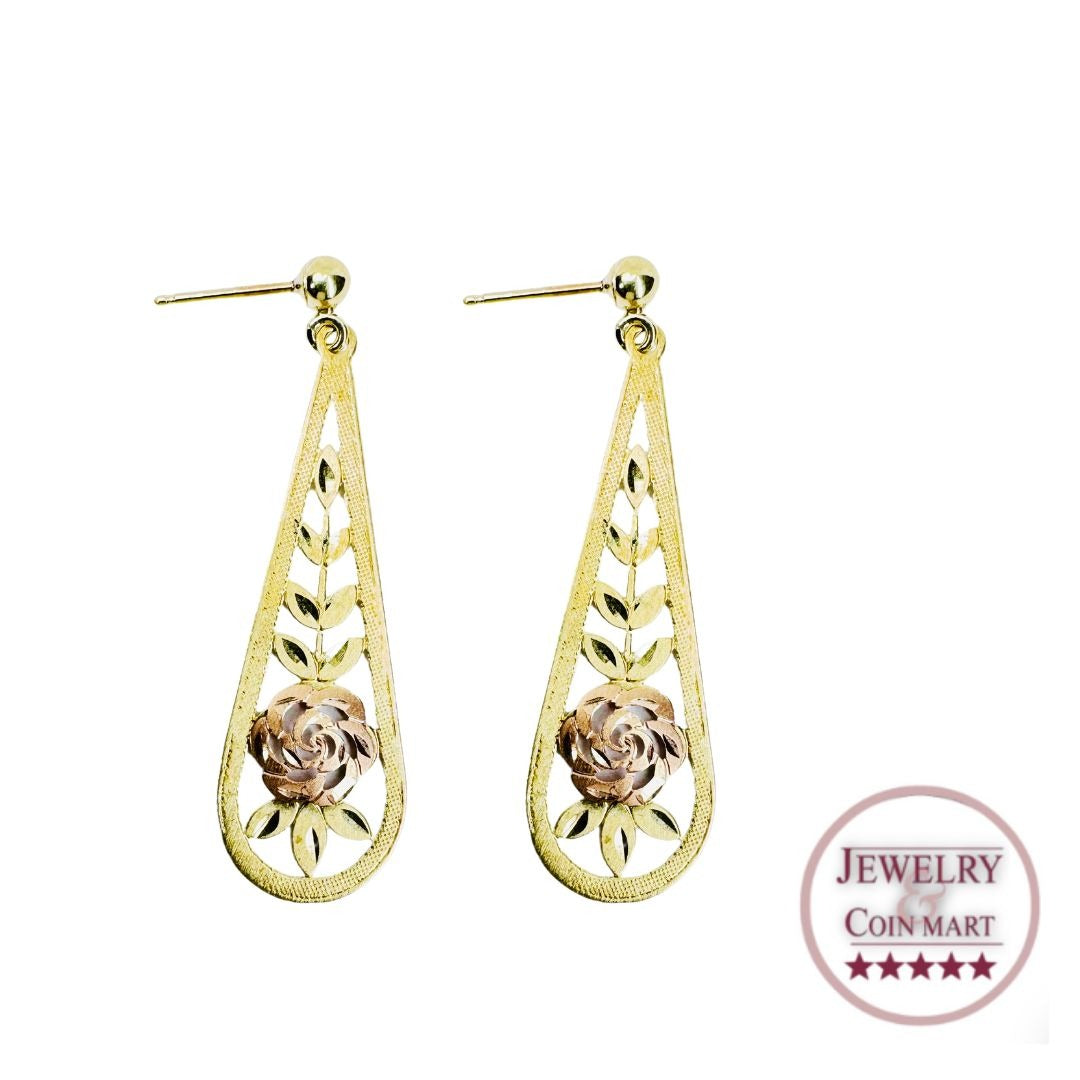 14k Multi-tone Gold Fine Etched Rose Dangle Earrings