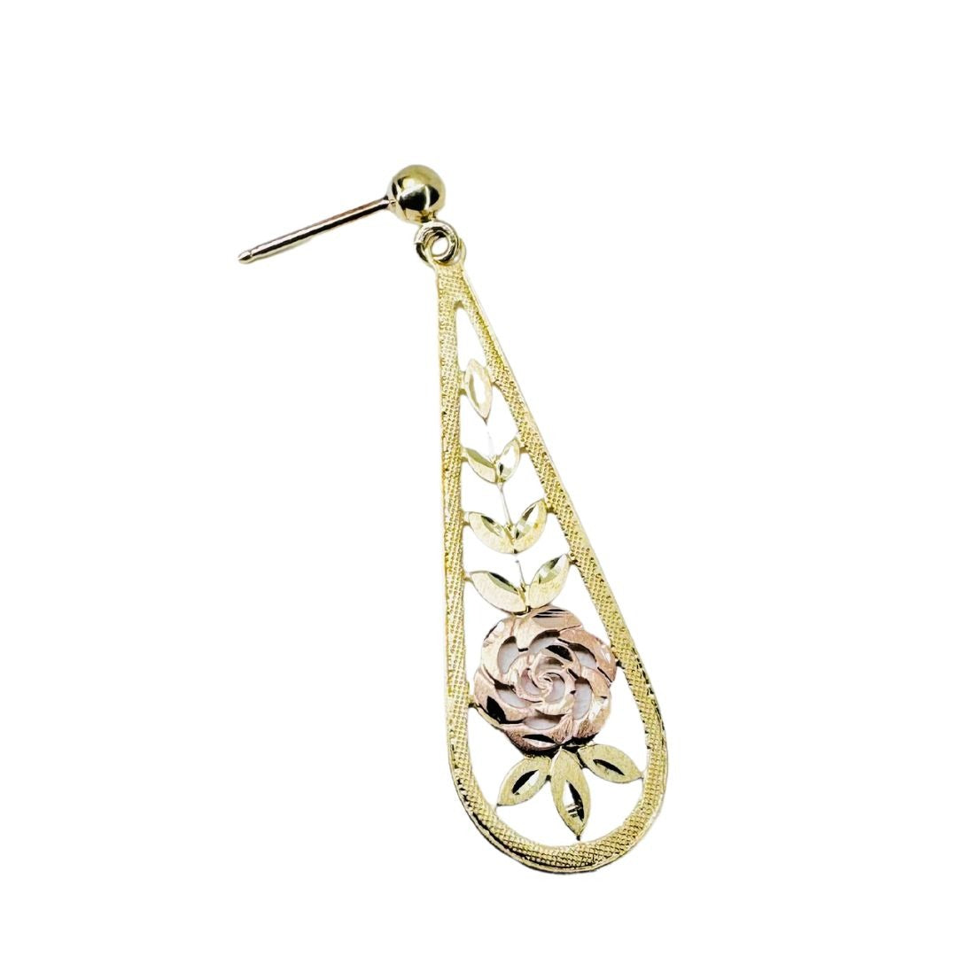 14k Multi-tone Gold Fine Etched Rose Dangle Earrings