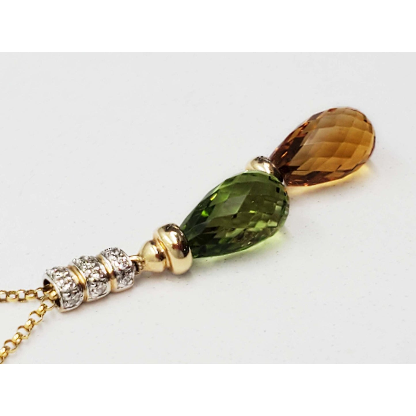 Natural Peridot & Citrine Briolette Dangle Diamond Accent Chain Necklace 14k Gold