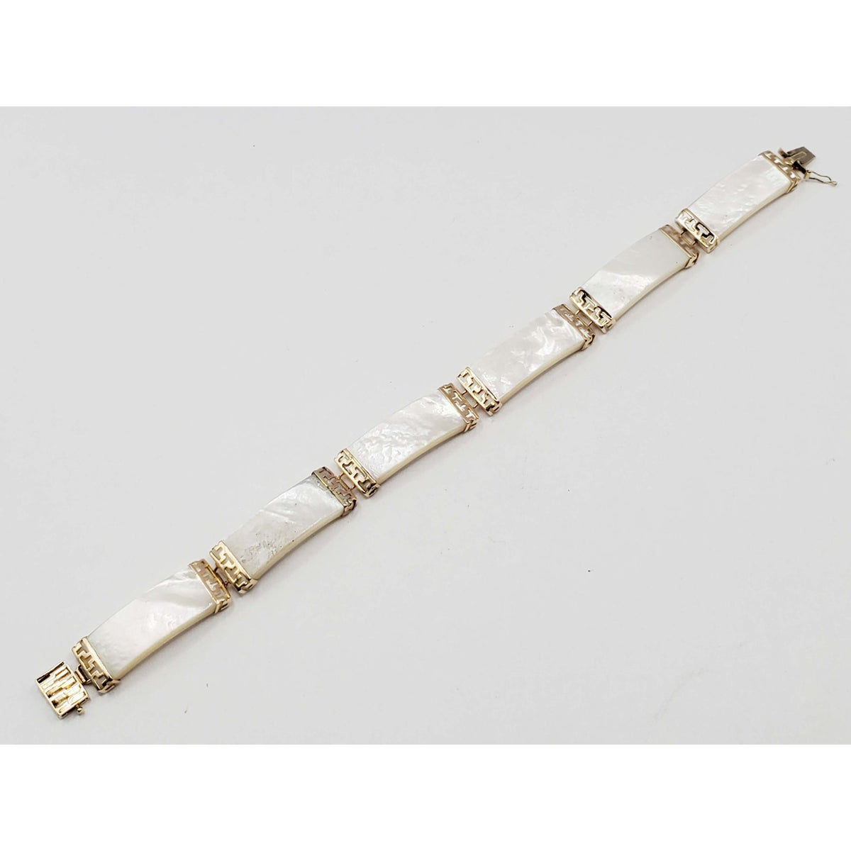 Mother-of-Pearl Greek Key Style Link Tennis Bracelet 14k Gold 7"