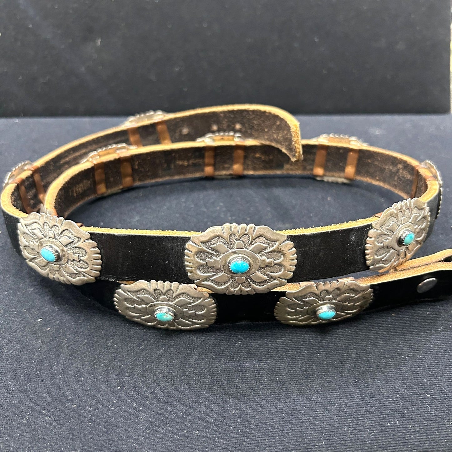 Antique Native American Indian Art Concho Belt Sterling Silver & Turquoise 12pc