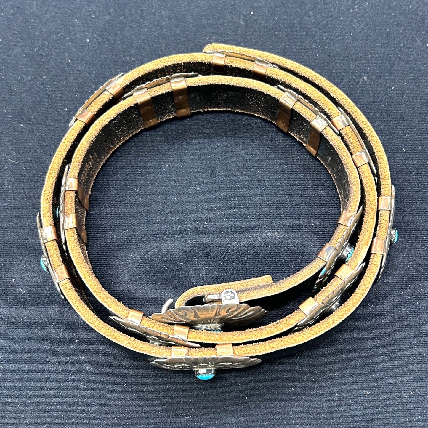 Antique Native American Indian Art Concho Belt Sterling Silver & Turquoise 12pc