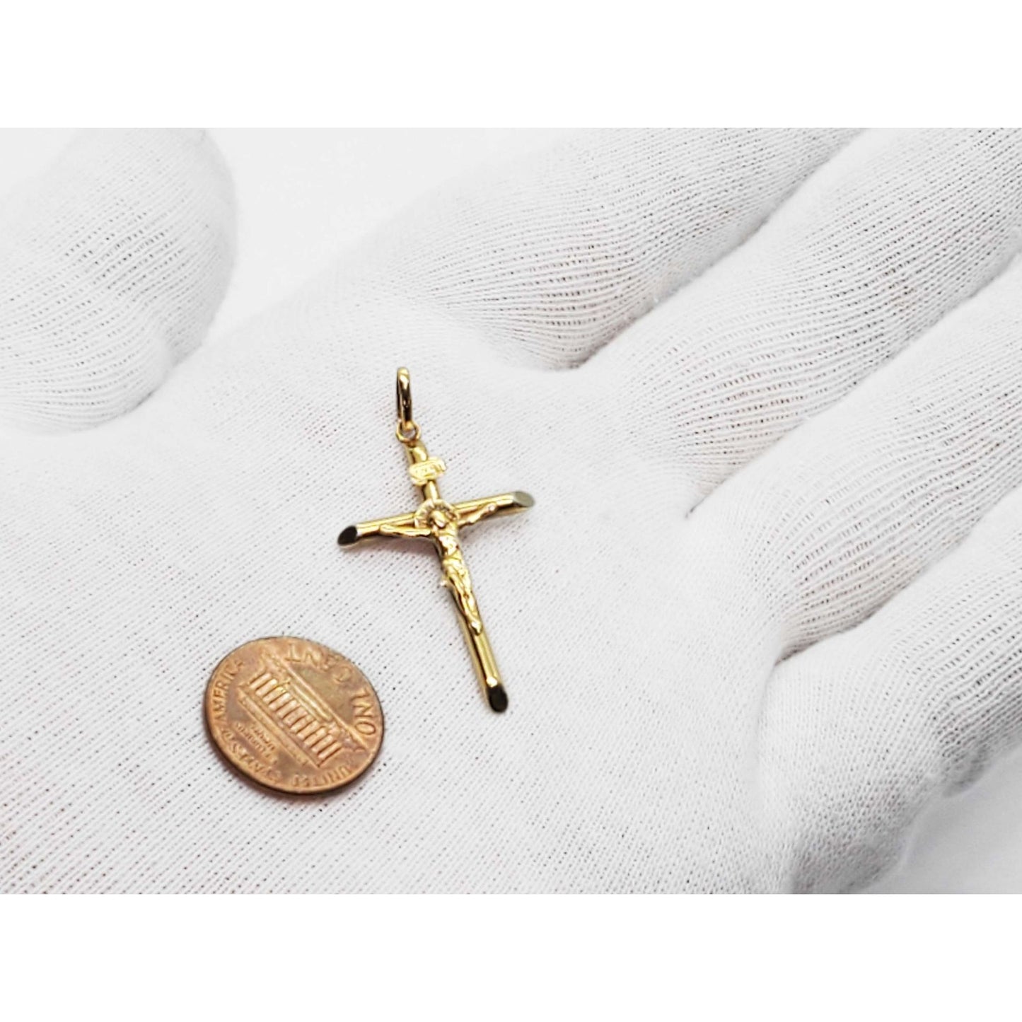 Italy Slant End Tube Design Crucifix Cross Pendant 18k Gold