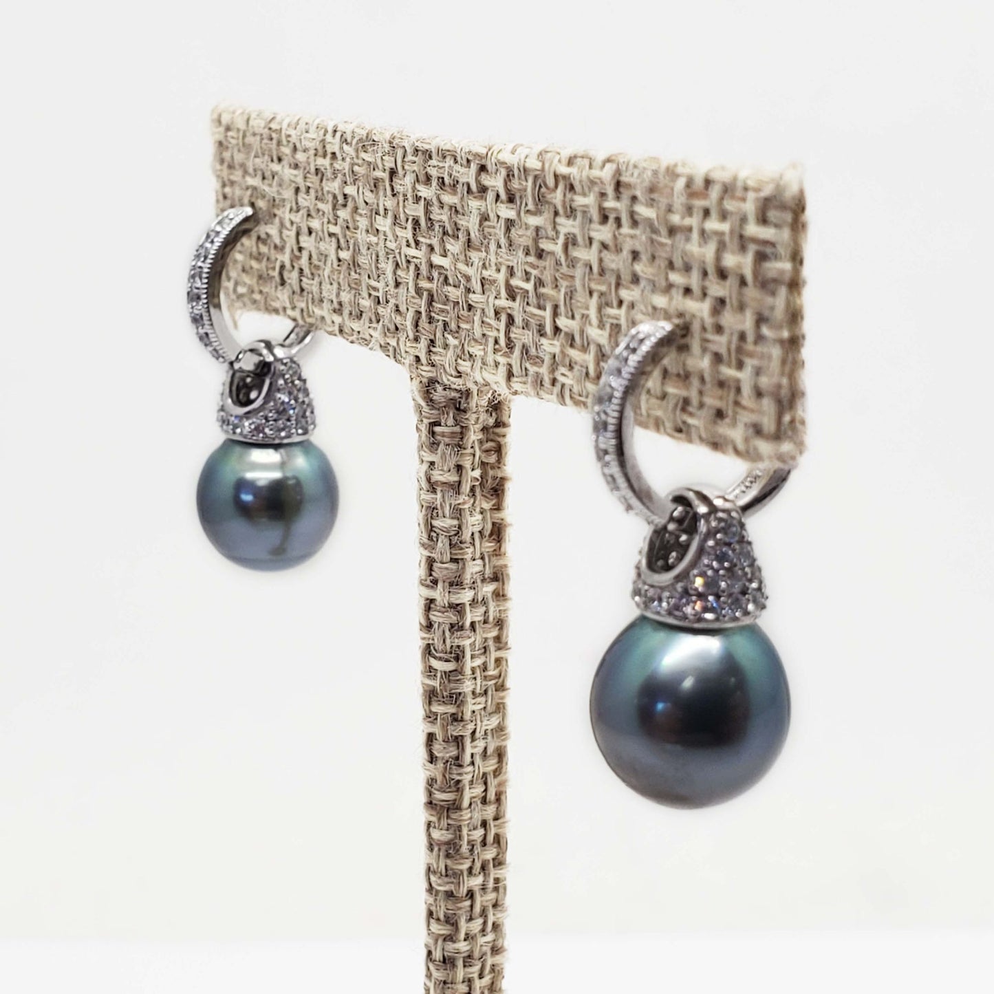 Cultured 10mm Tahitian Pearl & CZ Dangle Earrings Sterling Silver