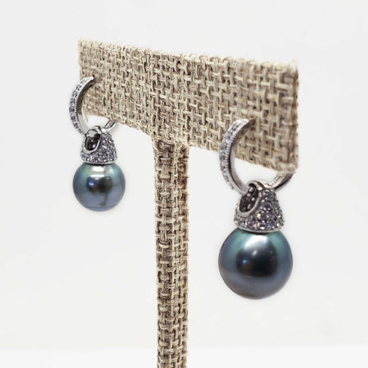 Cultured 10mm Tahitian Pearl & CZ Dangle Earrings Sterling Silver