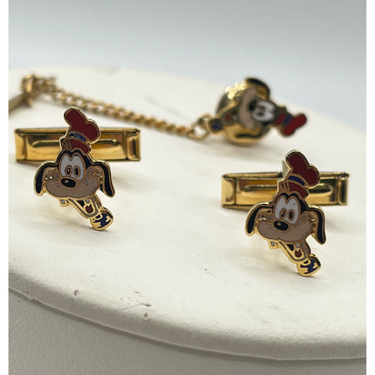 Vintage Disney Goofy Cufflinks Tie Tack Gold Tone Classic Cartoon Collectible