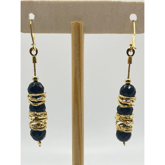 925 Sterling Silver Gold Layered Black Beaded Gold Wrap Dangle Earrings Formal