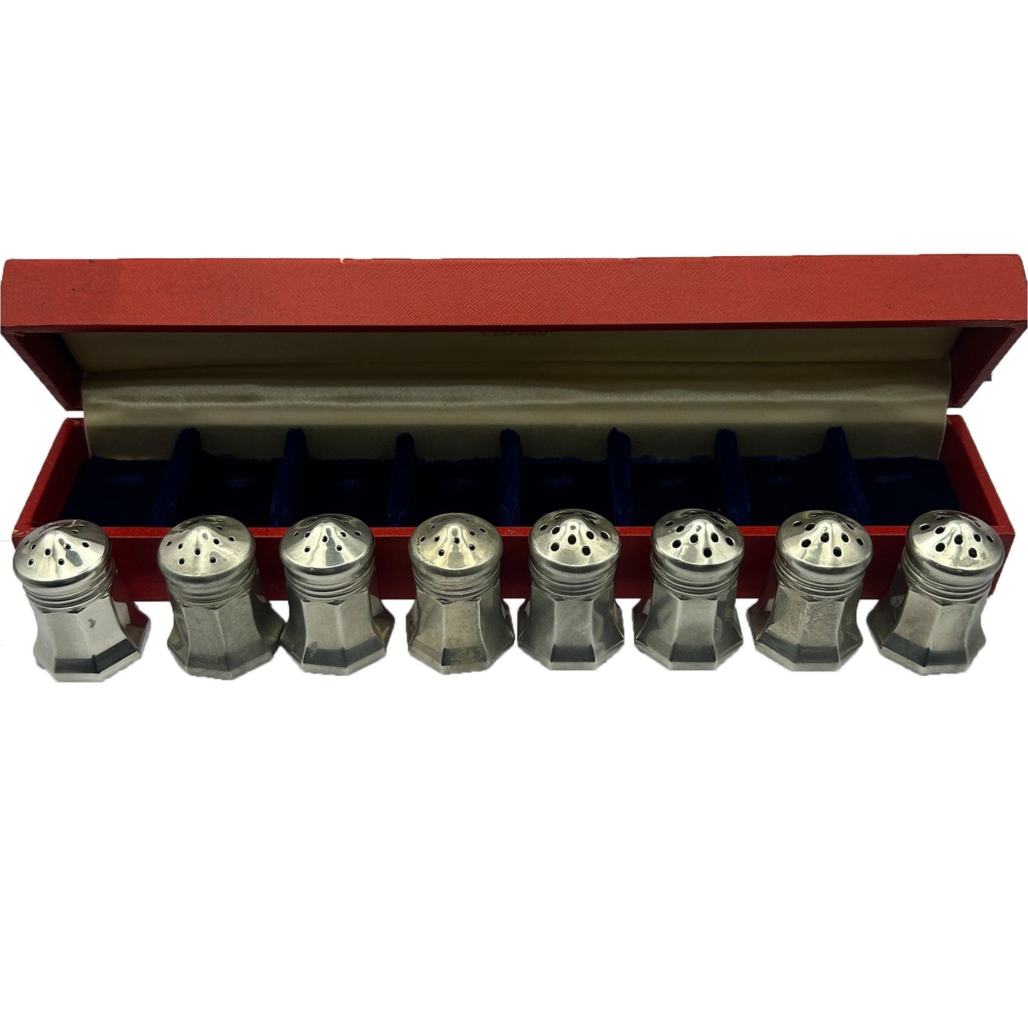 Cartier Set of 8 Sterling Silver Salt and Pepper Shakers in Original Red Box