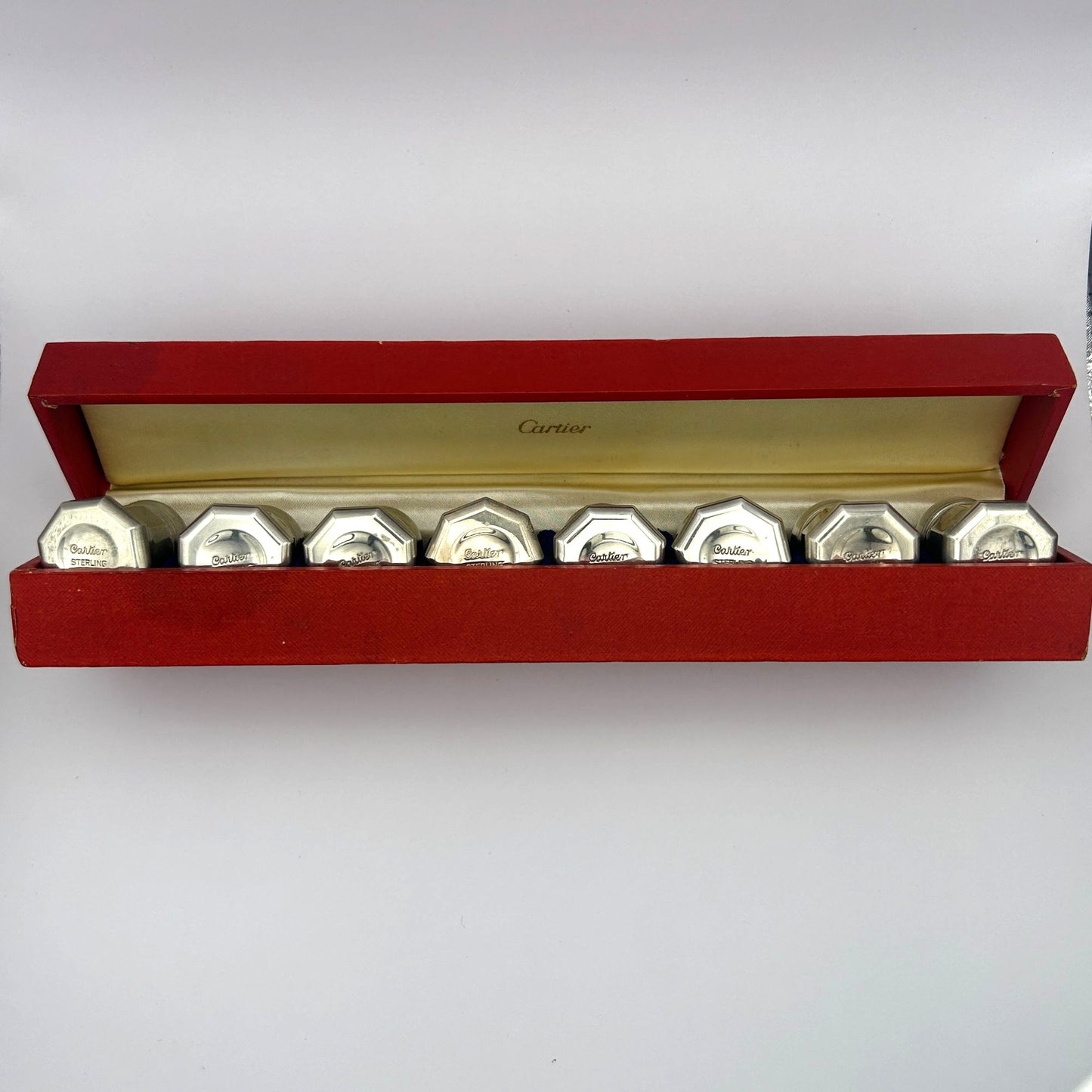 Cartier Set of 8 Sterling Silver Salt and Pepper Shakers in Original Red Box