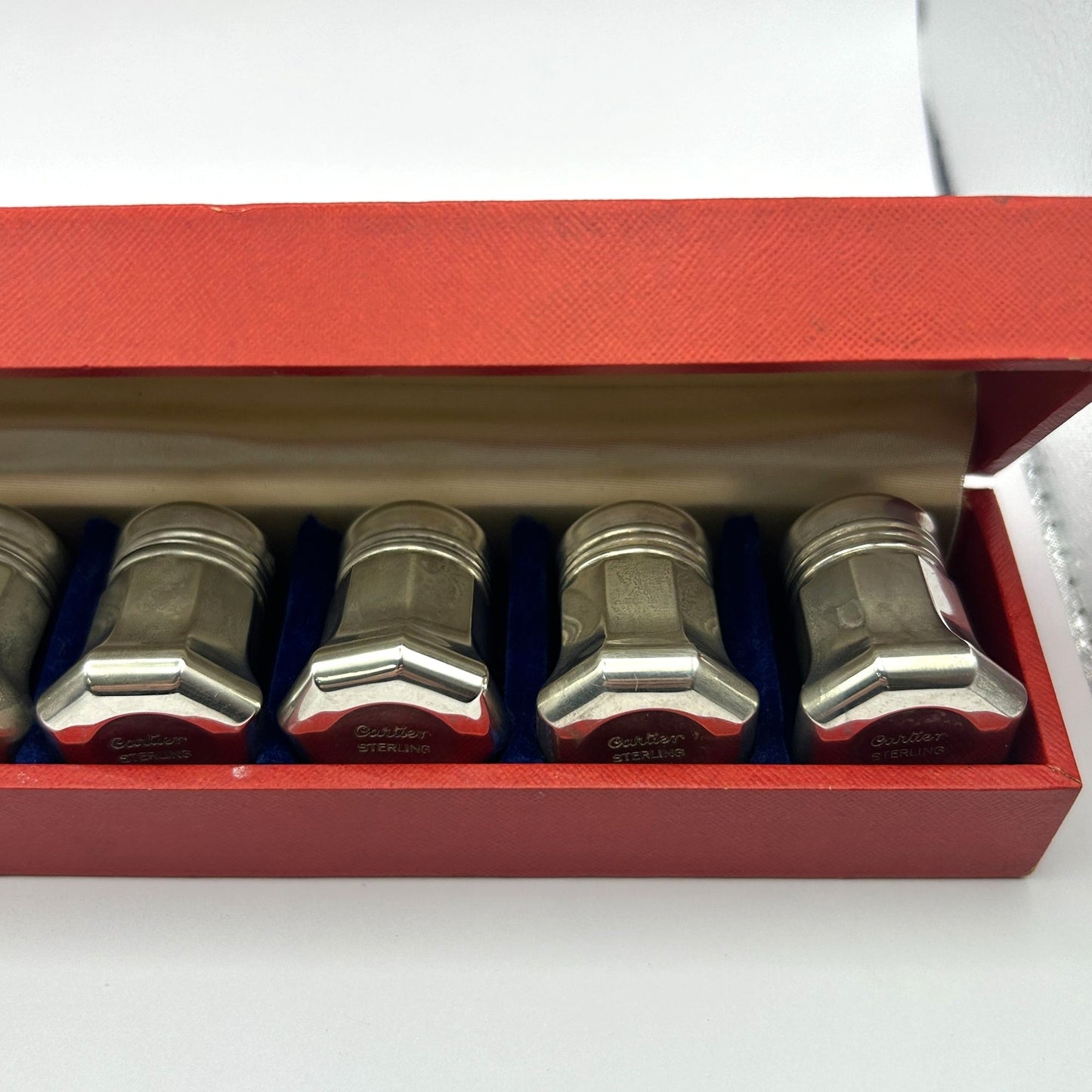 Cartier Set of 8 Sterling Silver Salt and Pepper Shakers in Original Red Box