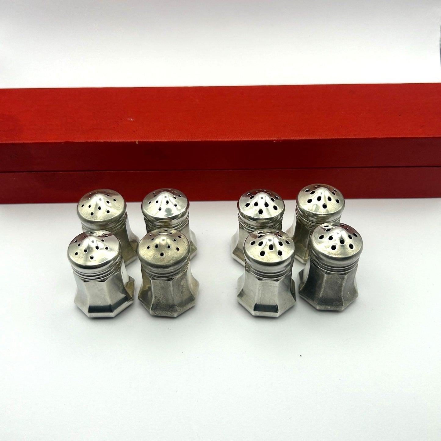 Cartier Set of 8 Sterling Silver Salt and Pepper Shakers in Original Red Box