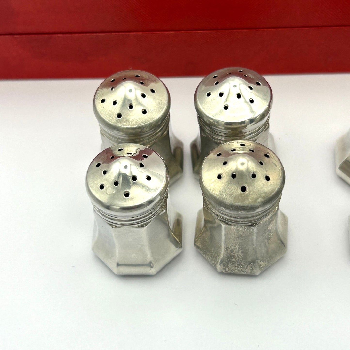 Cartier Set of 8 Sterling Silver Salt and Pepper Shakers in Original Red Box