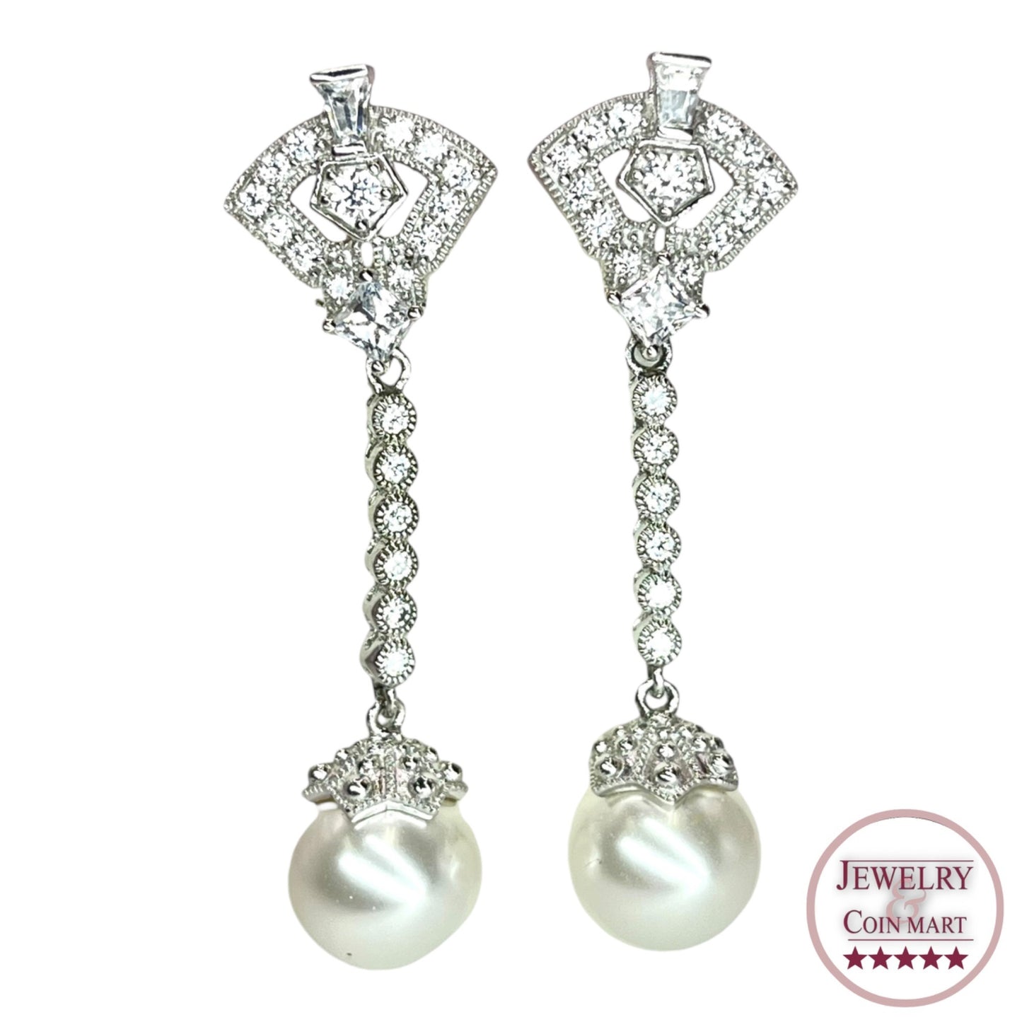 925 Sterling Silver Cubic Zirconia Freshwater Pearl Drop Earrings Bridal Wedding