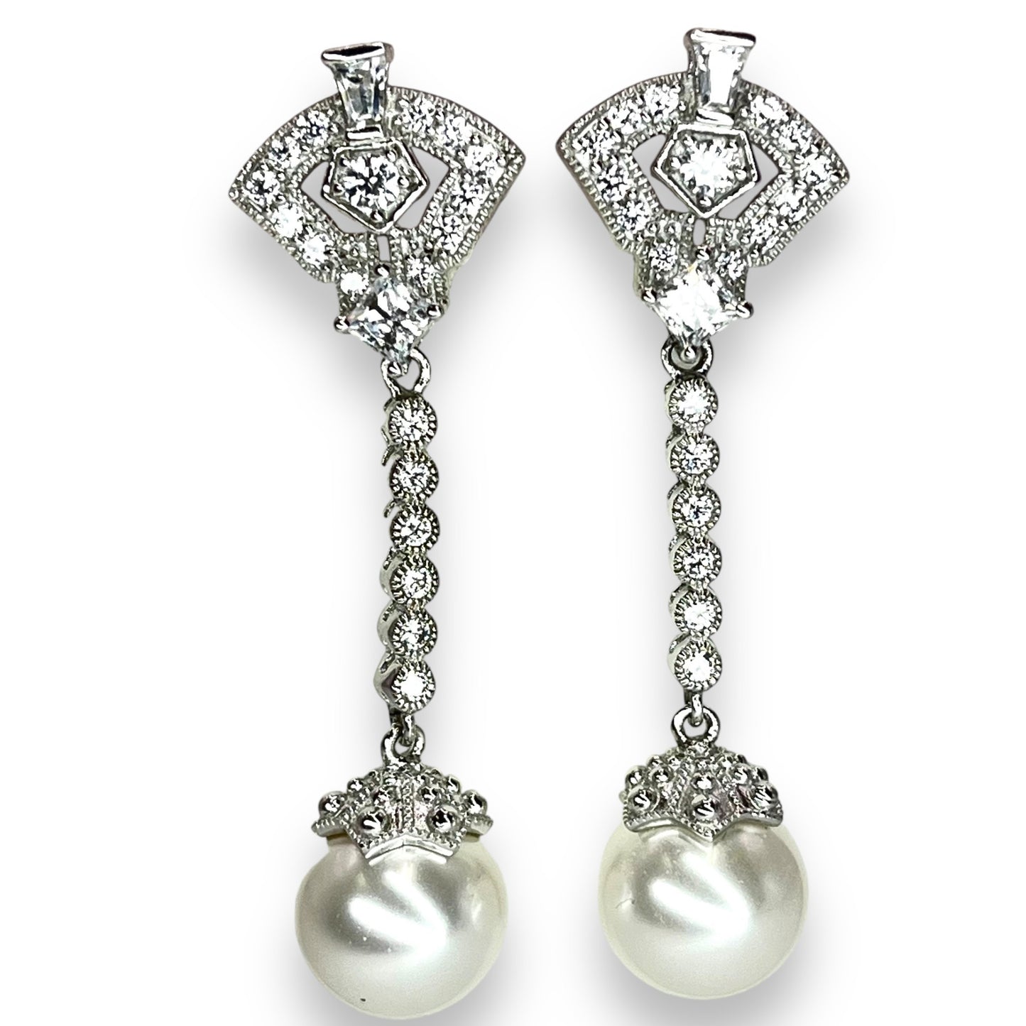 925 Sterling Silver Cubic Zirconia Freshwater Pearl Drop Earrings Bridal Wedding