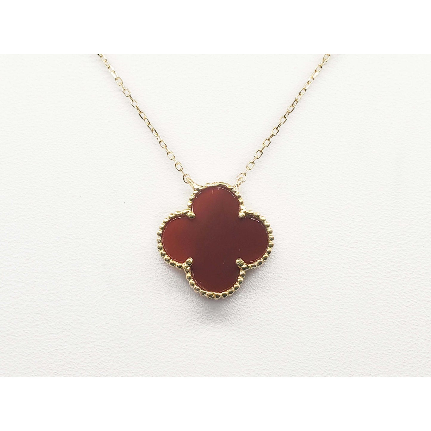 Carved Natural Carnelian Quatrefoil Clover Charm Pendant Necklace 18k Gold