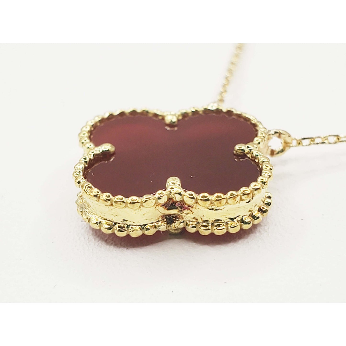 Carved Natural Carnelian Quatrefoil Clover Charm Pendant Necklace 18k Gold