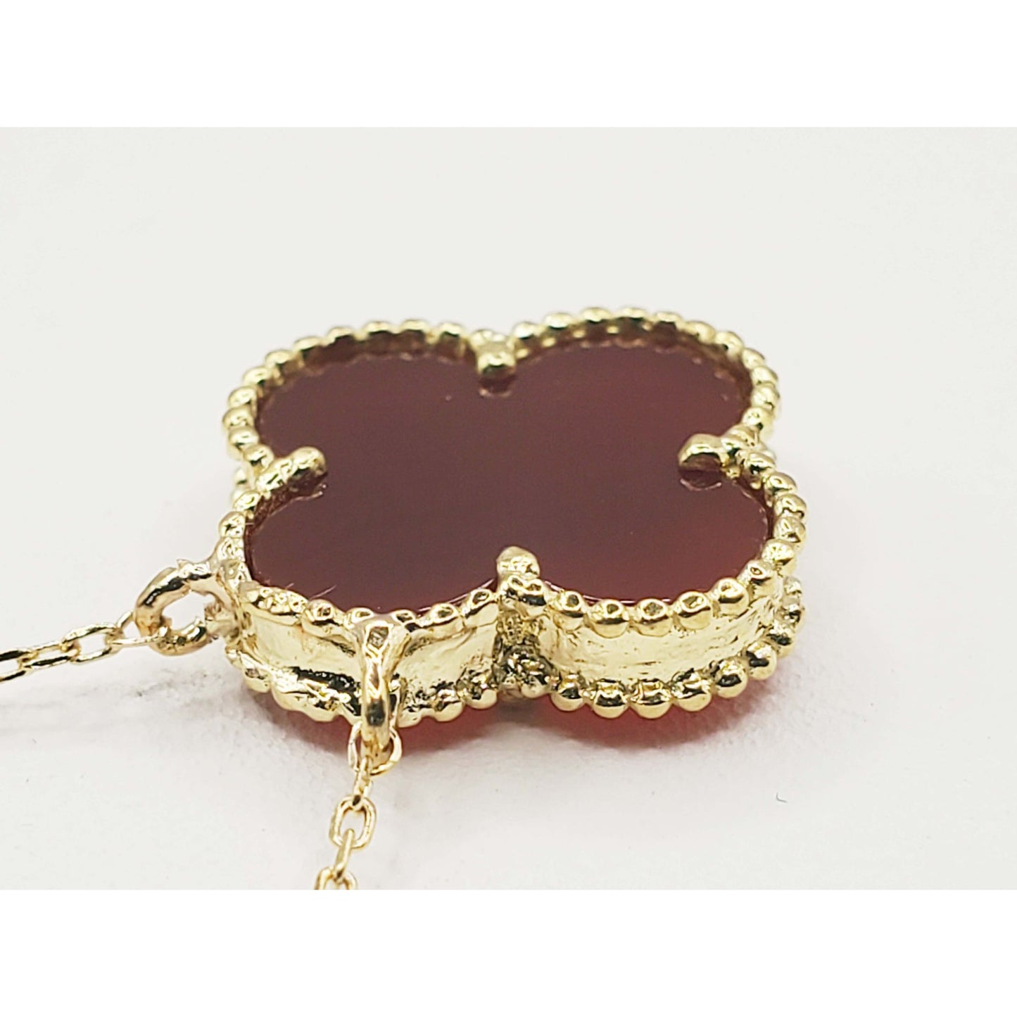 Carved Natural Carnelian Quatrefoil Clover Charm Pendant Necklace 18k Gold