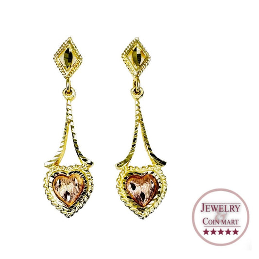 14k Two Tone Gold Etched Hanging Heart Earrings