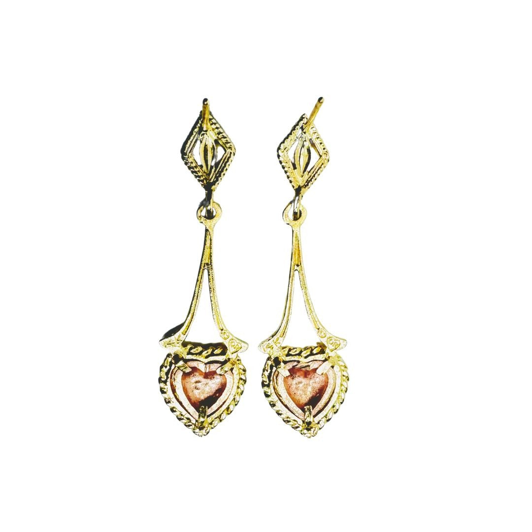 14k Two Tone Gold Etched Hanging Heart Earrings