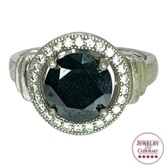 Vintage 925 Sterling Silver Round Black Crystal CZ Accent Halo Ring Size 6.75