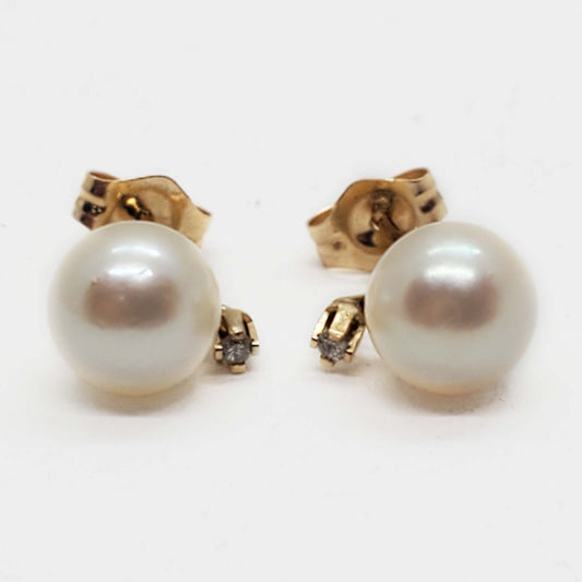 6mm Pearl & Diamond Accent Stud Earrings 14k Gold