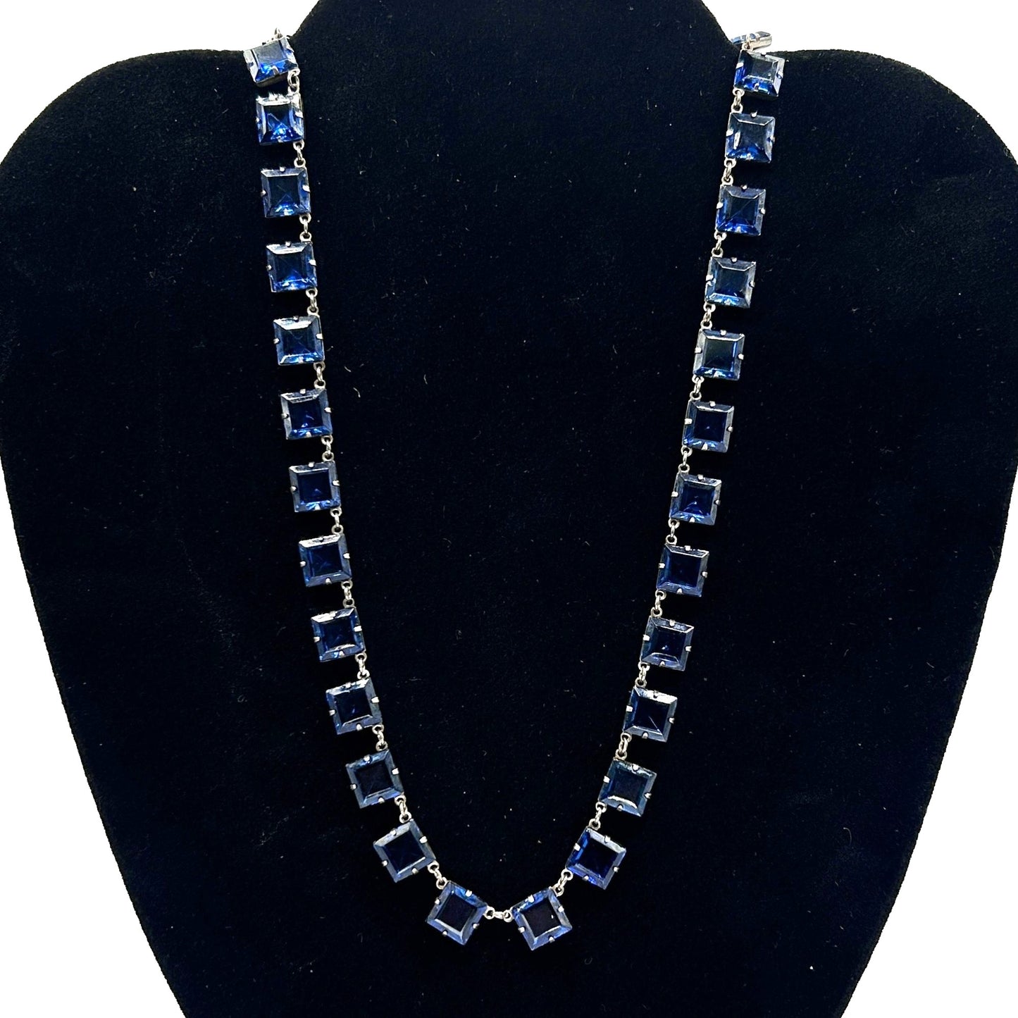 925 Sterling Silver and Blue Rhinestone Station Link Necklace 17"
