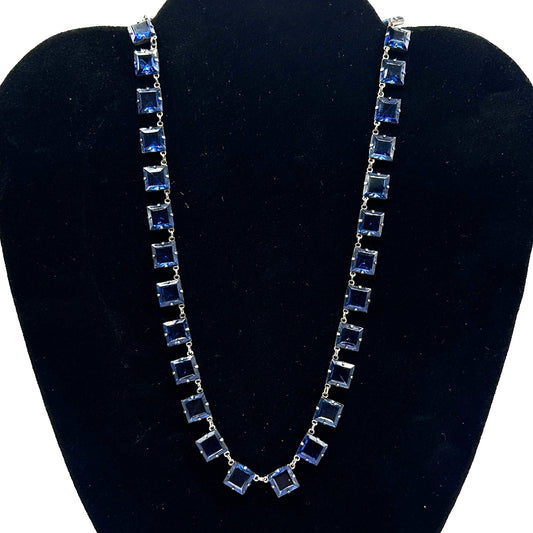 925 Sterling Silver and Blue Rhinestone Station Link Necklace 17"
