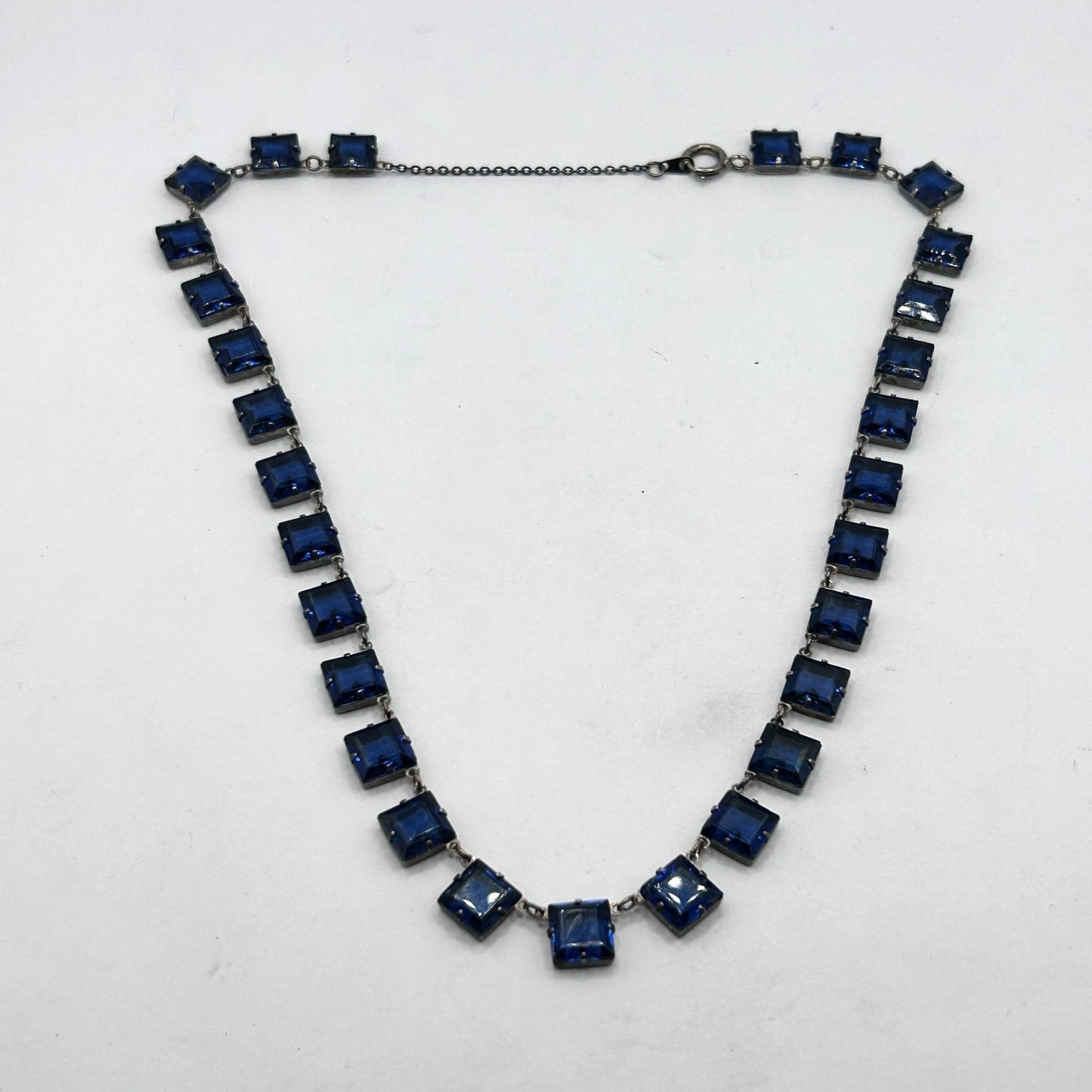 925 Sterling Silver and Blue Rhinestone Station Link Necklace 17"
